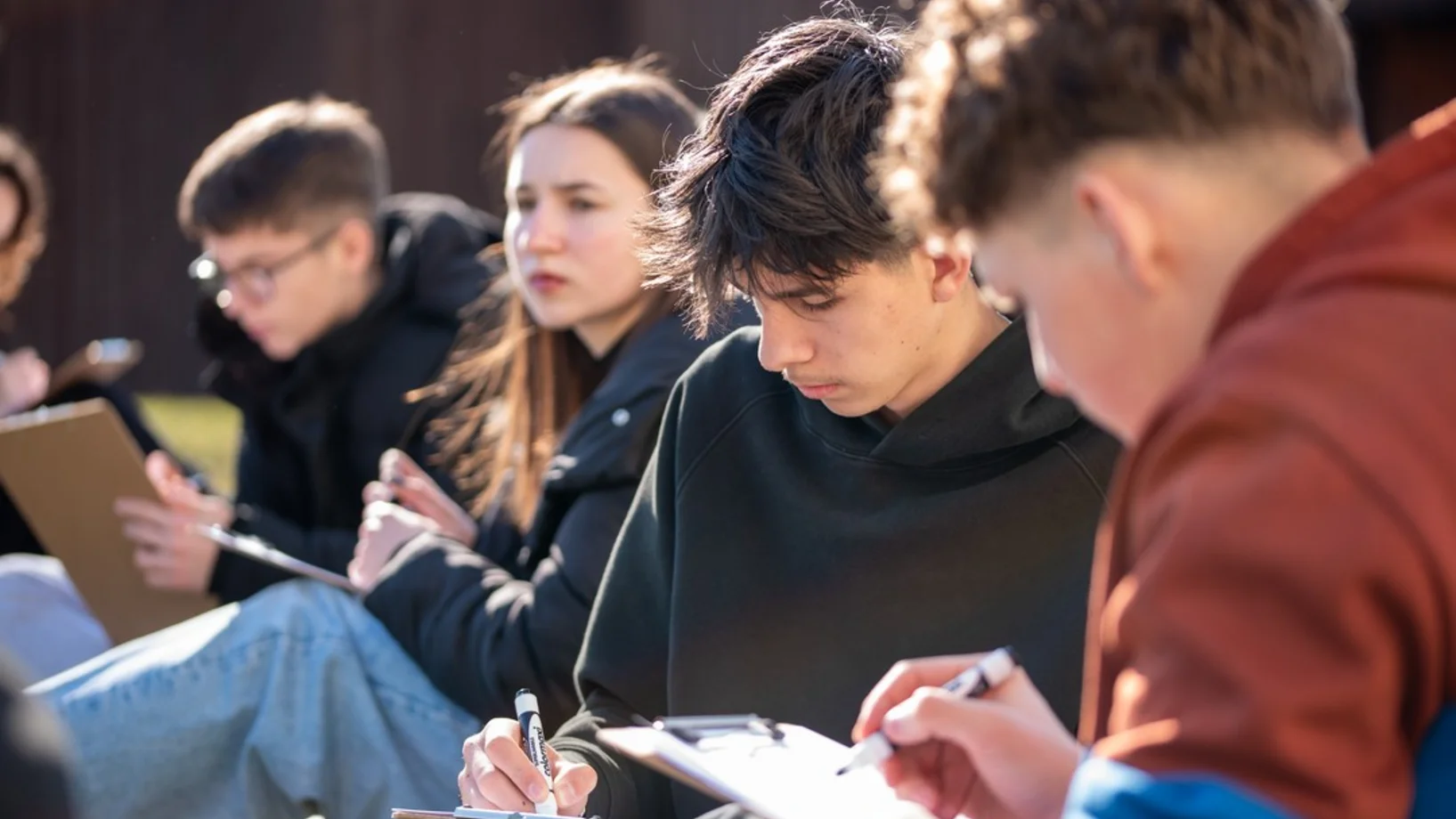 Kinder sitzen draussen am auf dem boden